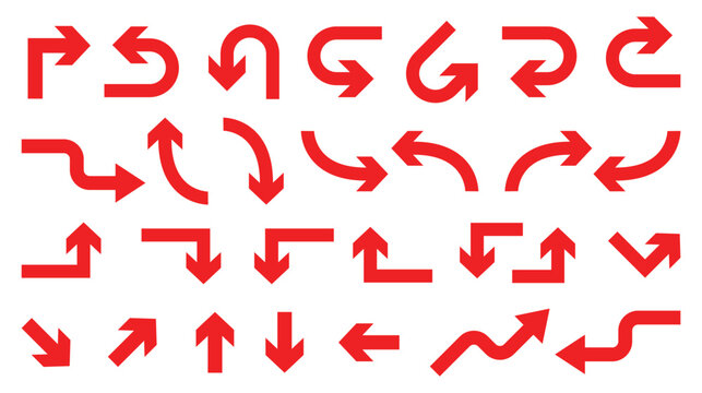 Set of red arrows with various curves, angles, and directions isolated on transparent background
