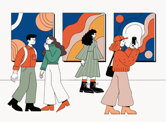 Obraz premium Minimalist art gallery vector diverse young people viewing paintings with phones