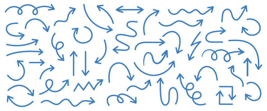 Hand-drawn blue arrow set, various curvy and straight shapes isolated on transparent background