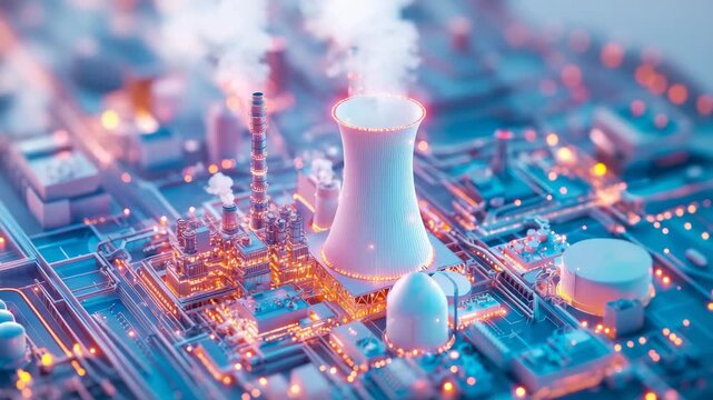 Abstract miniature representation of nuclear power station featuring glowing orange light and rising steam from cooling tower amidst complex industrial architecture