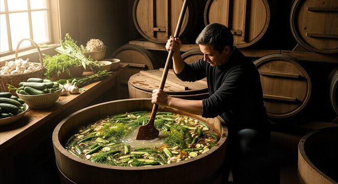 Artisan stirring cucumbers in brine for traditional pickling in rustic cellar with wooden barrels, authentic food process
