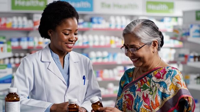 African American pharmacist helps elderly Indian woman with medicine. Professional healthcare consultation in a bright pharmacy. Ideal for medical services and pharmaceutical advertisements.