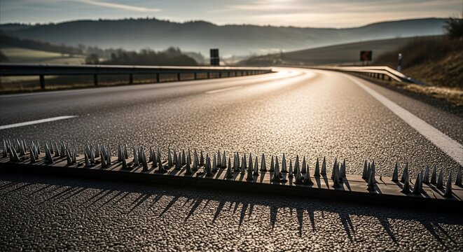 Police spike strip deployed on empty highway at dawn, enforcing law and order with authority and caution.