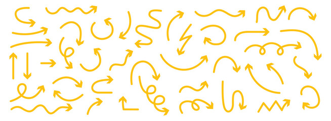 Obraz premium Collection of hand drawn yellow arrows in various shapes and isolated on transparent background