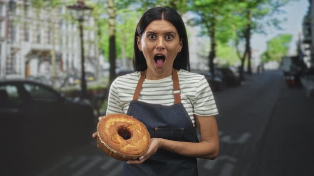 Woman baker holding bundt cake in hands, wearing apron, standing on an urban tree lined street with parked cars, presenting pastry; surprise home baking.