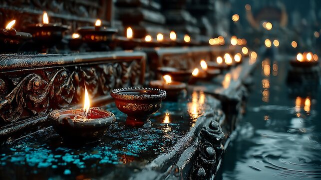 Rows of traditional clay oil lamps glowing in darkness images