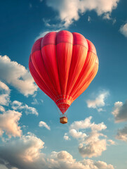 Fototapeta premium Bright red hot air balloon flying high in the blue sky with soft white clouds. Majestic aerial view of a hot air balloon flight during a sunny day. Adventure and freedom