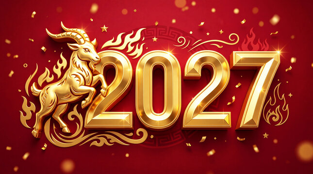 Golden fire goat leaping with flames and 2027 numerals on red background. Chinese zodiac year of the fiery sheep celebration. Festive new year design with sparks and confetti for holiday greetings