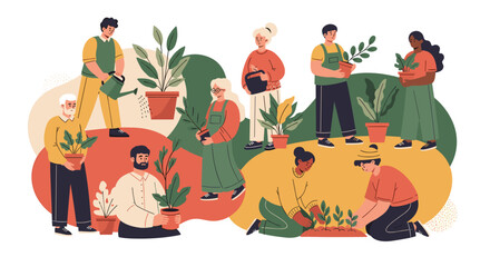 Naklejka premium Diverse group of people gardening and taking care of potted plants together in a community garden setting, Generative AI.