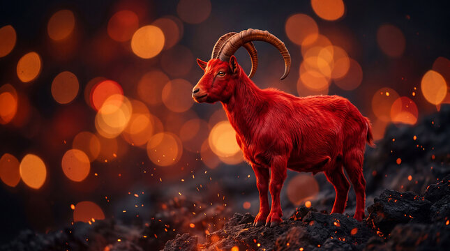 Red fiery goat standing on volcanic rocks amid sparks and glowing lights. Fantasy creature representing passion and energy in dramatic lava landscape
