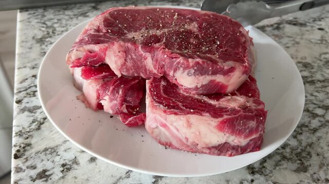 Raw Steaks Arranged on Marble Countertop