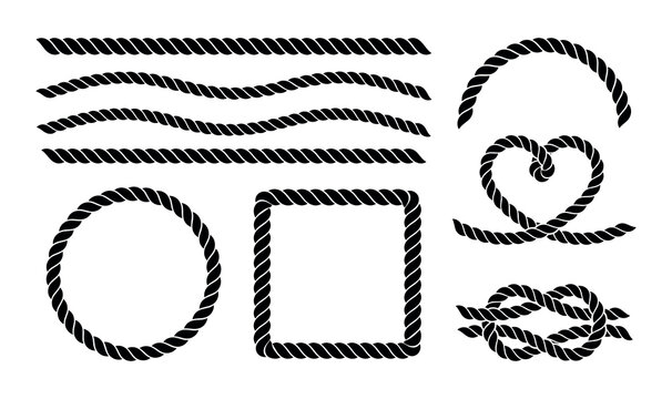 Set of nautical rope elements including borders shapes knots and frames in black design.