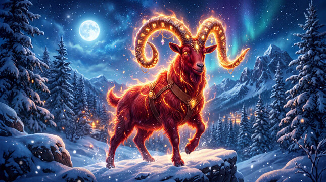 Fiery red ram with glowing horns standing on snowy mountain peak. Symbol of chinese zodiac fire goat year for new year celebrations