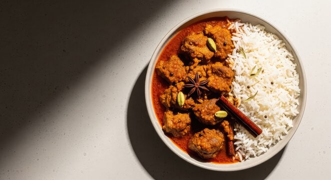 Succulent chunks of slow-cooked goat meat simmered in a rich, aromatic curry sauce, served alongside fluffy white rice in a ceramic bowl, steaming, bowl, lunch