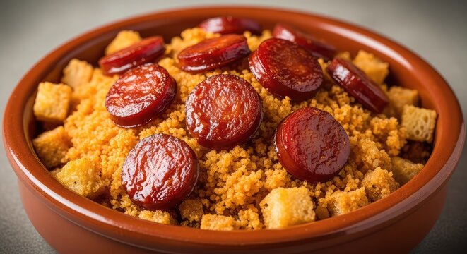 Traditional rustic dish of fried breadcrumbs seasoned with garlic and smoked paprika, topped with spicy saut&eacute;ed sausage in a ceramic bowl, chorizo, brunch, paprika