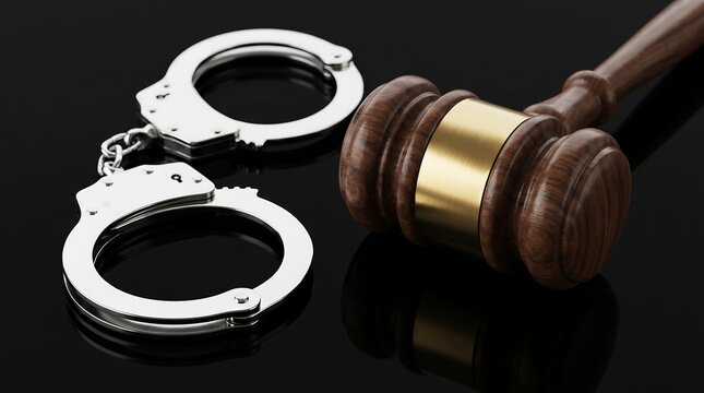 Shiny metallic steel handcuffs and a polished wooden judge gavel sit together representing legal justice, criminal law, court rulings, and police authority.