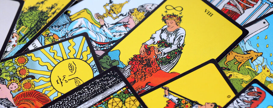 Fortune telling on tarot cards, used Marseille Tarot deck by unknown artist published first in 1709