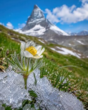 delicate white alpine flower blooming in snowy mountain meadow under clear blue sky