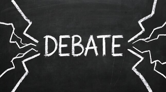 The word debate is written in bold white chalk text and is surrounded by jagged lightning bolts drawn on a dark surface.