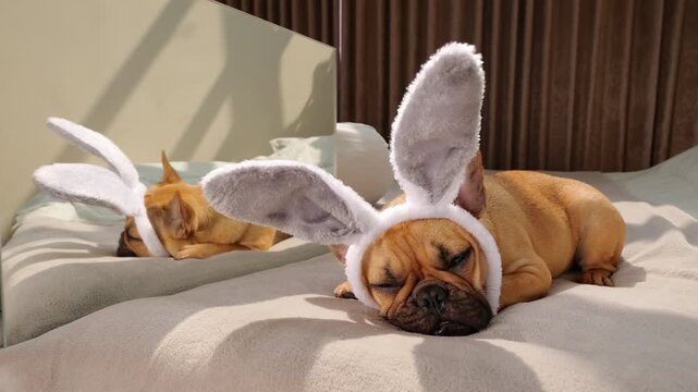 Adorable dog in soft bunny ears lying with head down on cozy bed, resting gently against mirror. With sweet dewy eyes and still posture, pet shows festive charm of Easter time. Slow motion portrait