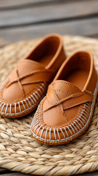 Traditional punjabi juttis on woven mat - cultural footwear display for decor or fashion design
