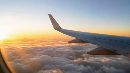 Obraz premium airplane wing flying above clouds at sunrise with golden light and mountain landscape