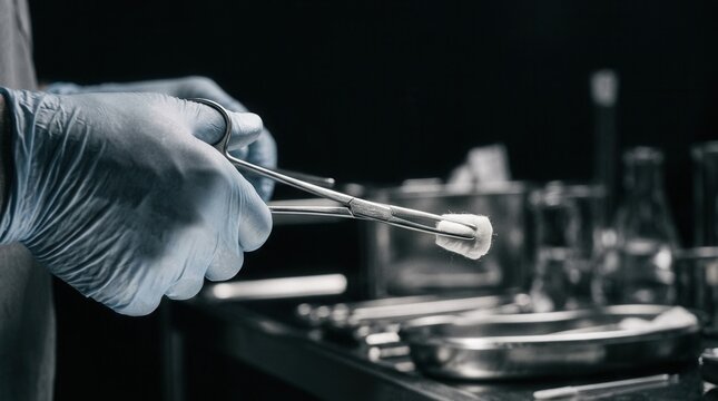 Medical Hands Holding Surgical Instruments With Sterile Cotton In A Well Lit Studio