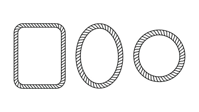 Nautical rope frame vector set, rectangular and oval twisted cord borders for marine design, vintage maritime labels, sailing themes, and decorative badge compositions isolated on white background
