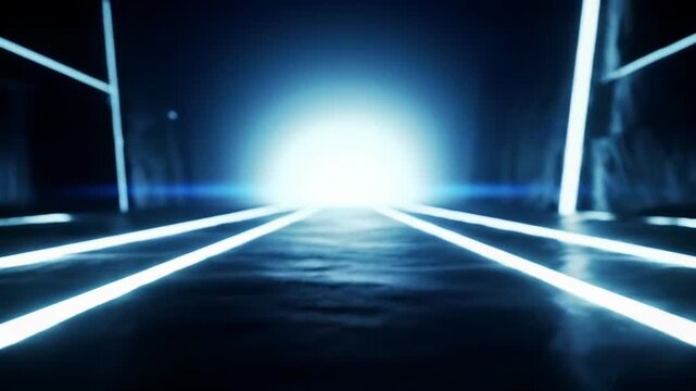 Ultra-smooth forward tracking video through a minimalist, futuristic pathway of sleek, luminous cool-toned light lines and digital textures on reflective surfaces, revealing a vast, brilliantly lit