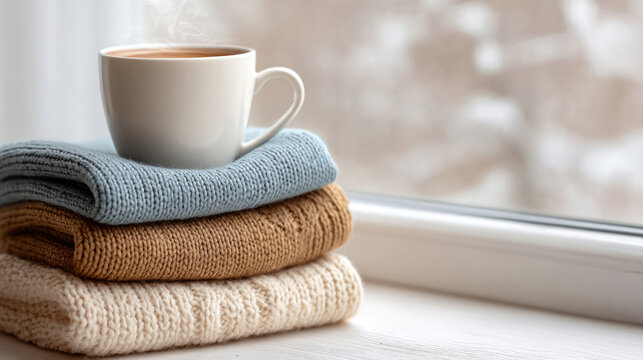 Cozy winter scene with knitted blankets and warm mug by the window