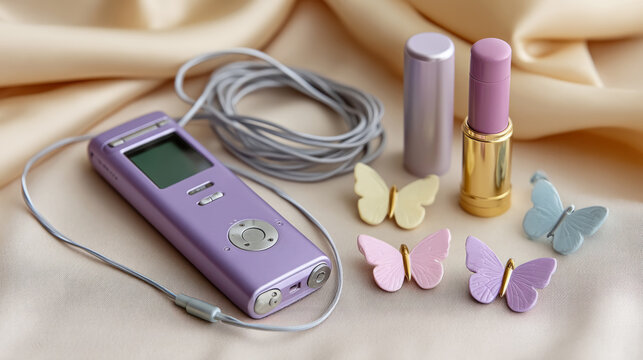 Y2k nostalgia and 2000s aesthetic with bedazzled walkman and pastel accessories