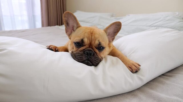 Cute dog resting peacefully on bolster pillow in portrait shot. Pet appears relaxed but alert, ears perked and eyes attentive, ready to join in on any playful activity.