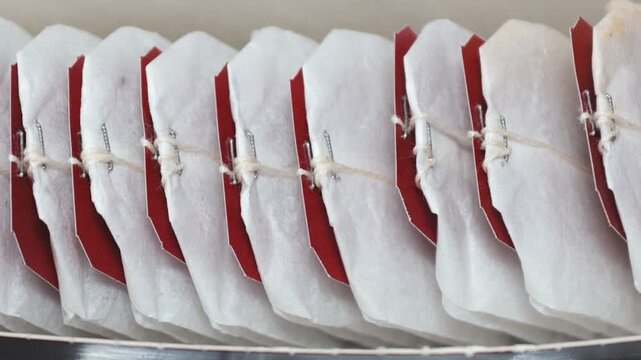 A collection of white and red envelopes on a flat surface