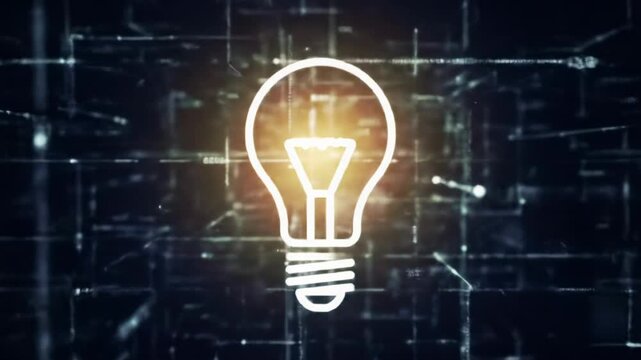 Cutting-edge cgi motion graphic video: digital light bulb glowing golden, expanding into luminous wireframe network with flowing data packets against midnight-blue void, symbolizing global
