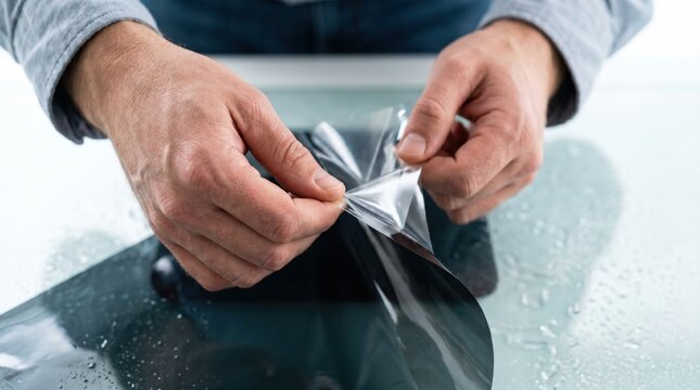 Worker peeling the clear protective backing liner off a sheet of dark car window tinting film