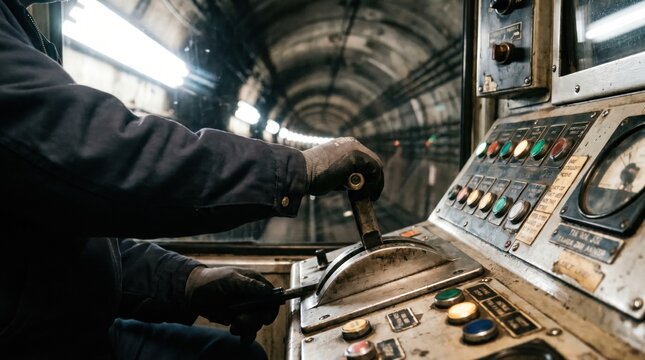 Train driver wearing safety gloves operating the metal control levers inside a dark subway cabin