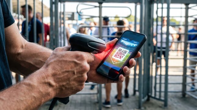 Security staff scanning a digital ticket qr code on a smartphone screen at a stadium entrance gate