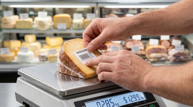 Shop assistant sticking a barcode price label onto a wrapped wedge of smoked gouda cheese