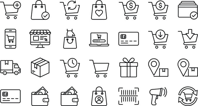 E-commerce and online shopping icons including payment, Delivery, And retail symbols