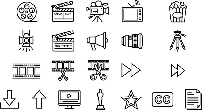 Collection of film and video production icons including cameras, Clapperboards, And editing tools