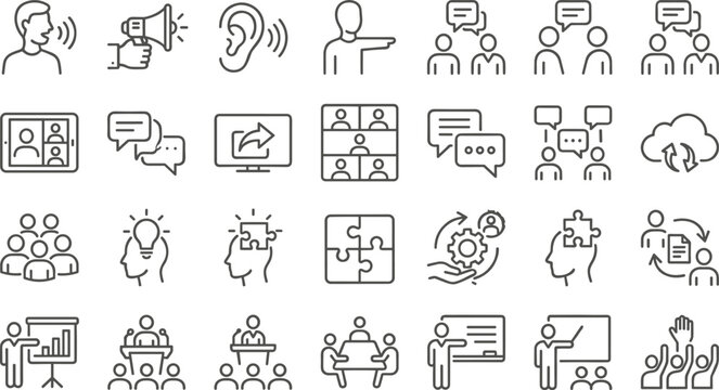 Collection of line icons representing business communication teamwork and collaboration concepts