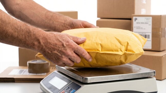 Person placing a yellow padded bubble mailer envelope onto a digital shipping scale for weighing
