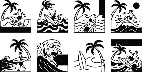 Fototapeta premium Black and white illustrations of surfing scenes with palm trees