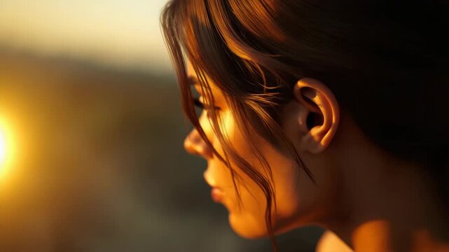 Young woman profile portrait side view face bathed in warm golden sunset light contemplative mood