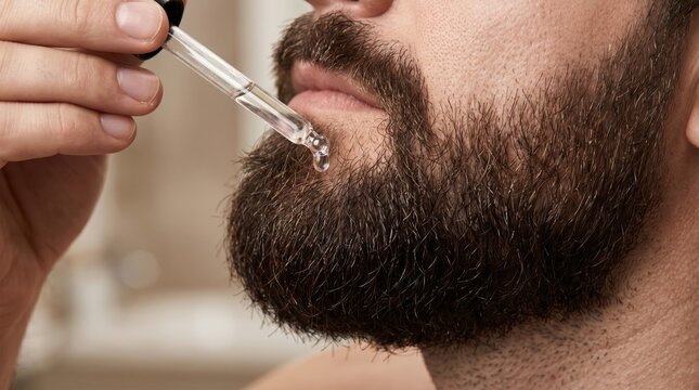 Close-up of man using dropper to apply beard oil for facial hair care and grooming.