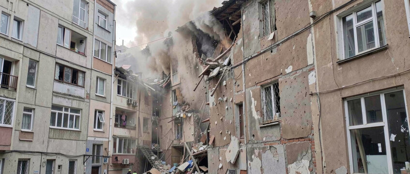 A building severely damaged by flames, with debris and rubble scattered around