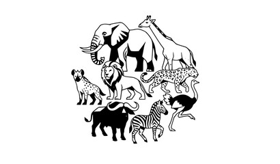 Obraz premium Stylized African safari animals vector collection in circular layout modern cartoon wildlife set