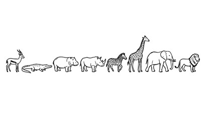 African animals doodle outline vector set safari wildlife line art collection minimal black icons © Md