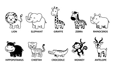 African animals cartoon vector set cute safari wildlife collection flat design isolated on white © Md