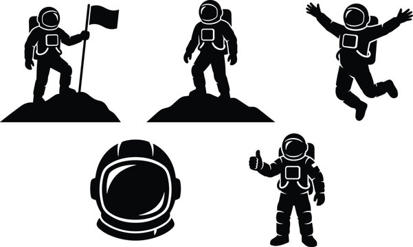 Astronauts in space vector illustration with helmet and flag flat design